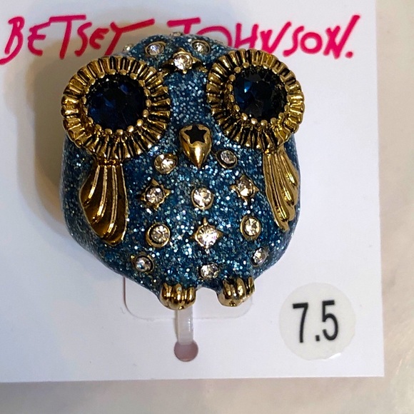 Betsey Johnson Gold Tone Blue Enamel Glitter Owl Stretchy Ring Size 7.5 NWT - Picture 8 of 10